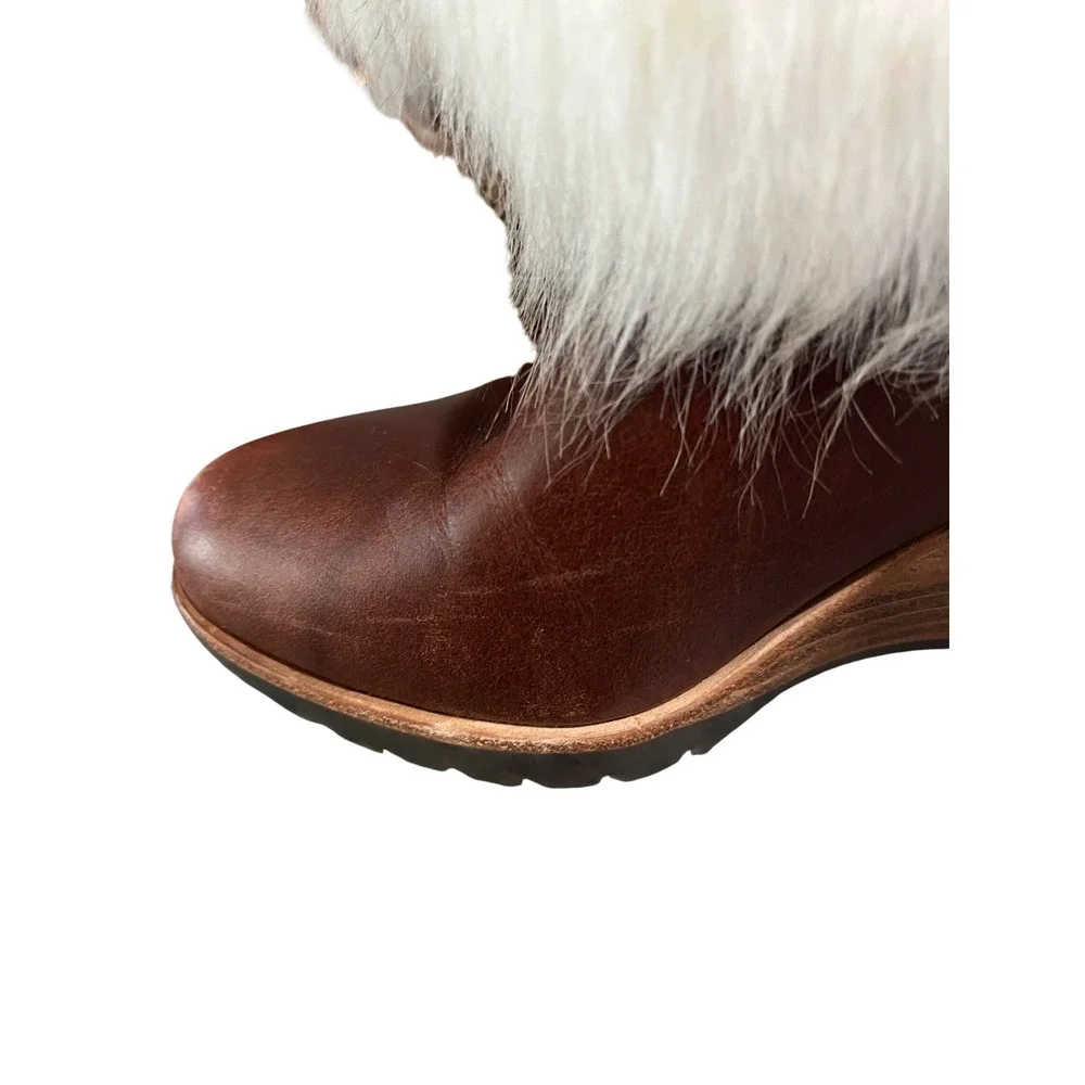 Sorel Faux Fur Trim Brown Leather Wedge Winter Boots Lug Mid Calf Womens‎ 6.5